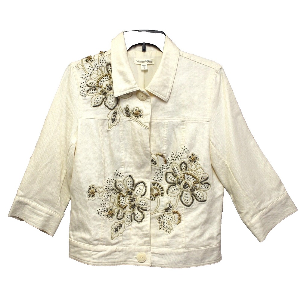 Coldwater Creek Women 8 Jacket Ivory Embroidery Beads Sequins 3/4 Sleeve